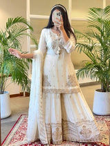 Women Off White Embroidered Kurta Sharara Set with Dupatta