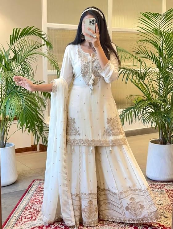 Women Off White Embroidered Kurta Sharara Set with Dupatta