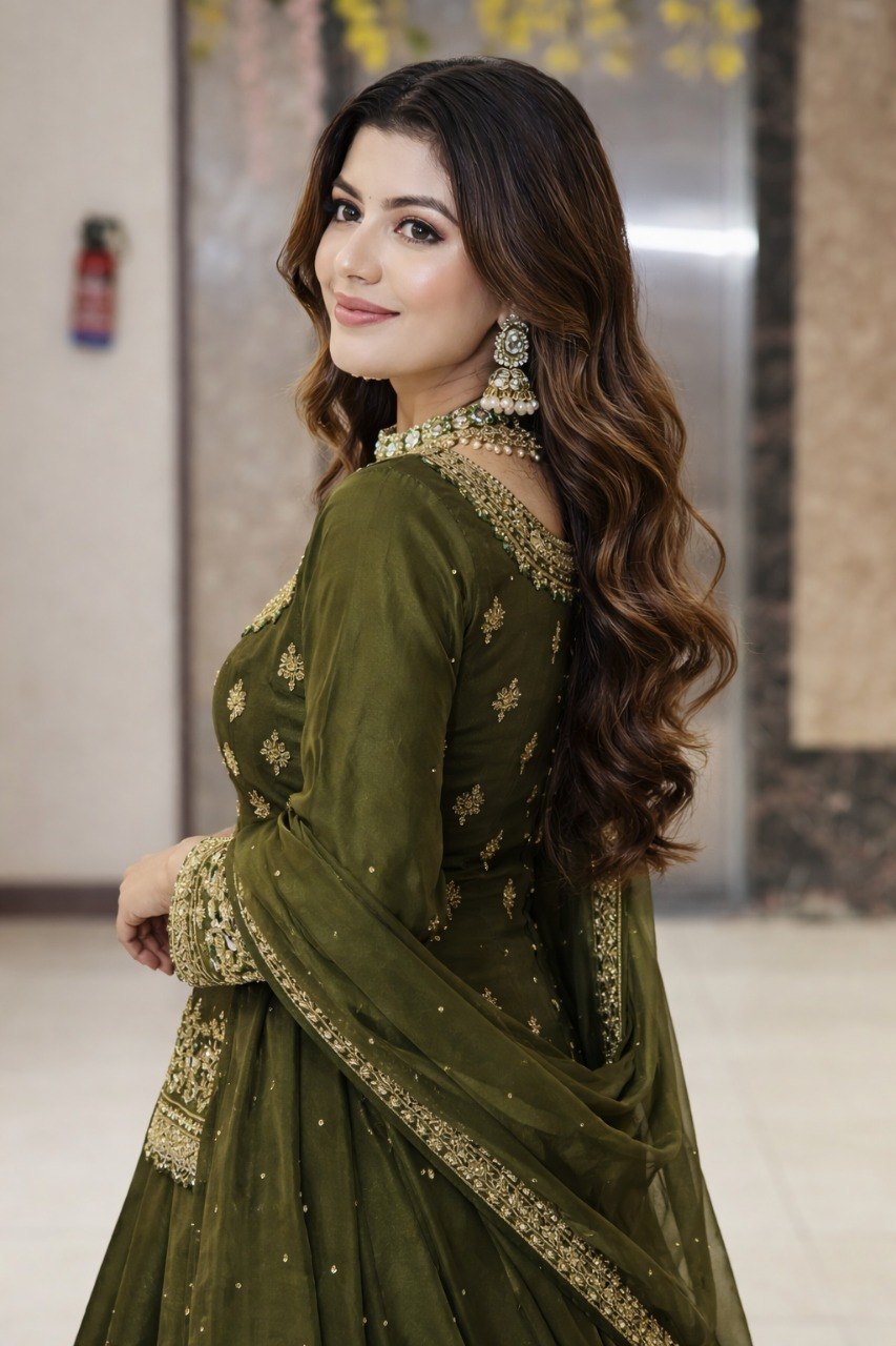 Women Dark Green Embroidered Lehenga Choli Set with Dupatta