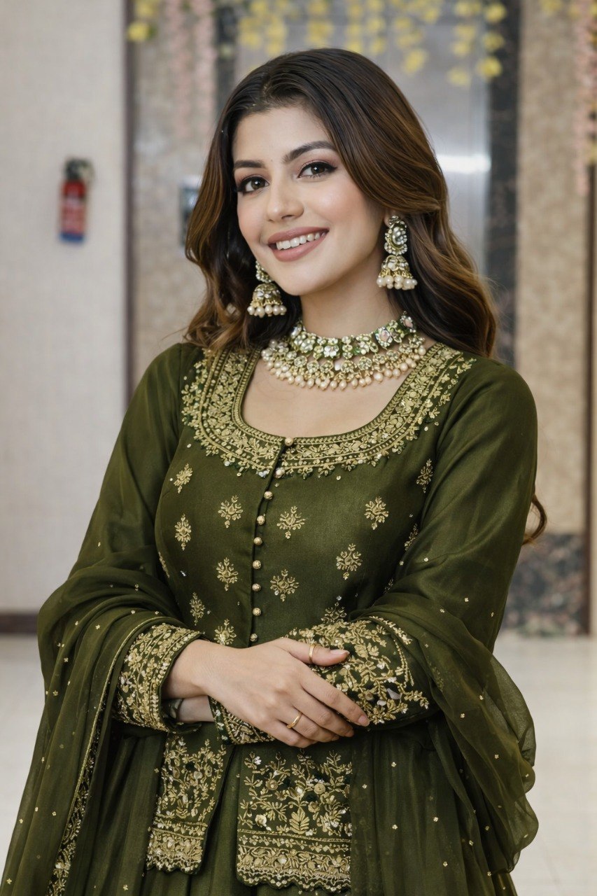 Women Dark Green Embroidered Lehenga Choli Set with Dupatta