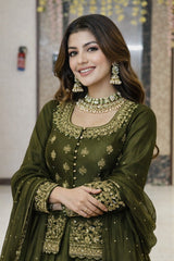 Women Dark Green Embroidered Lehenga Choli Set with Dupatta