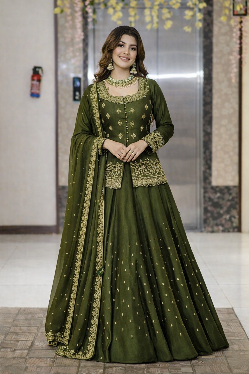 Women Dark Green Embroidered Lehenga Choli Set with Dupatta