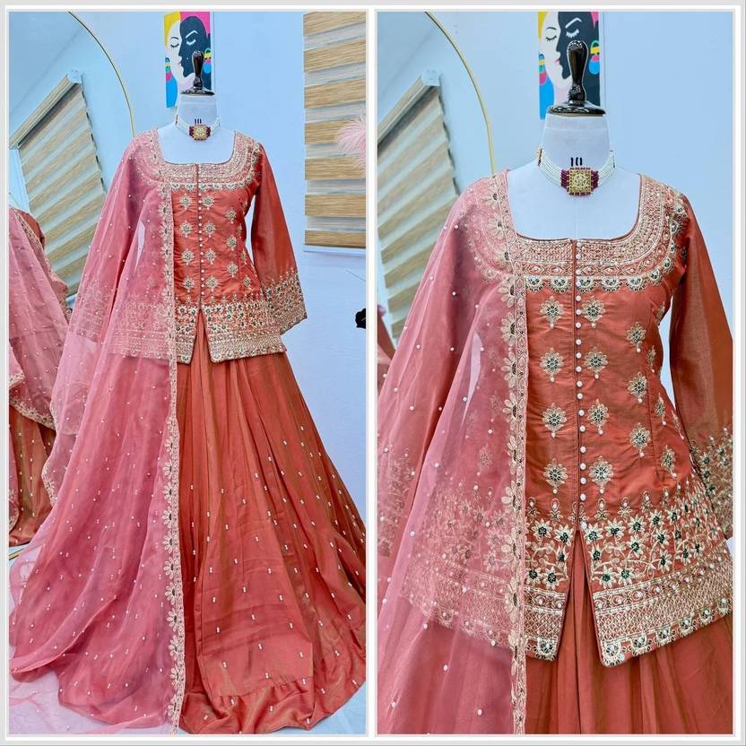 Women Rust Orange Embroidered Lehenga Choli Set with Dupatta