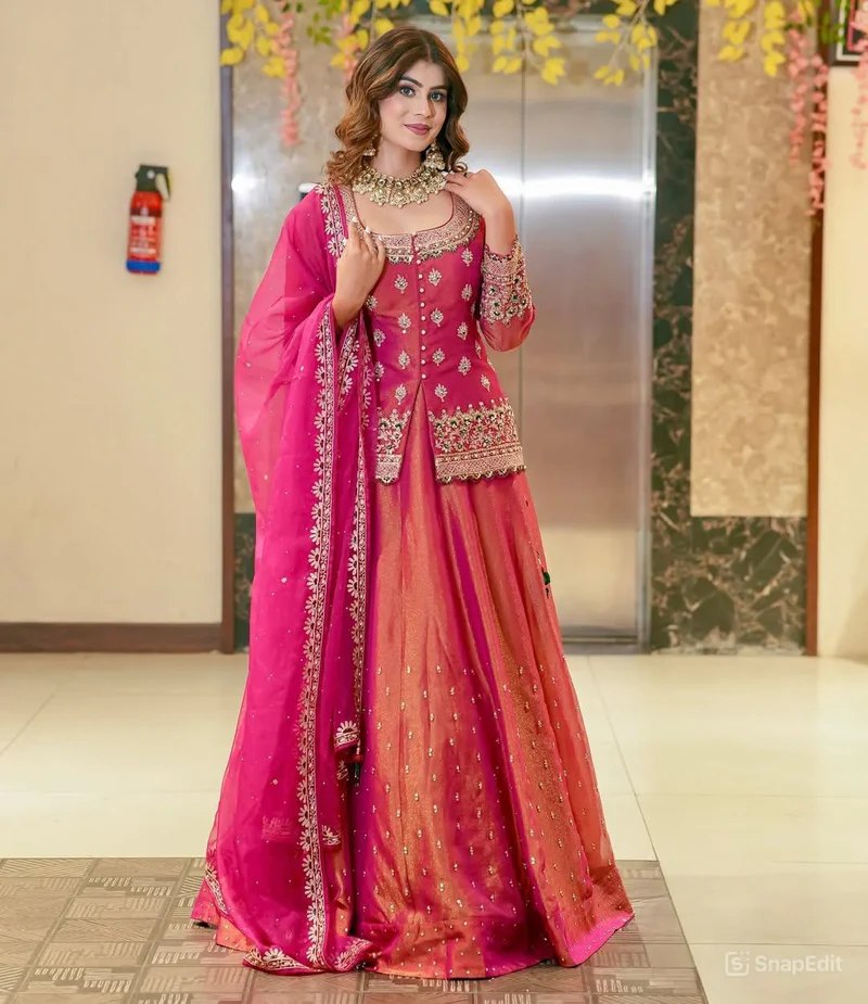 Women Rani Pink Embroidered Lehenga Choli Set with Dupatta