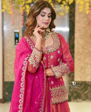 Women Rani Pink Embroidered Lehenga Choli Set with Dupatta