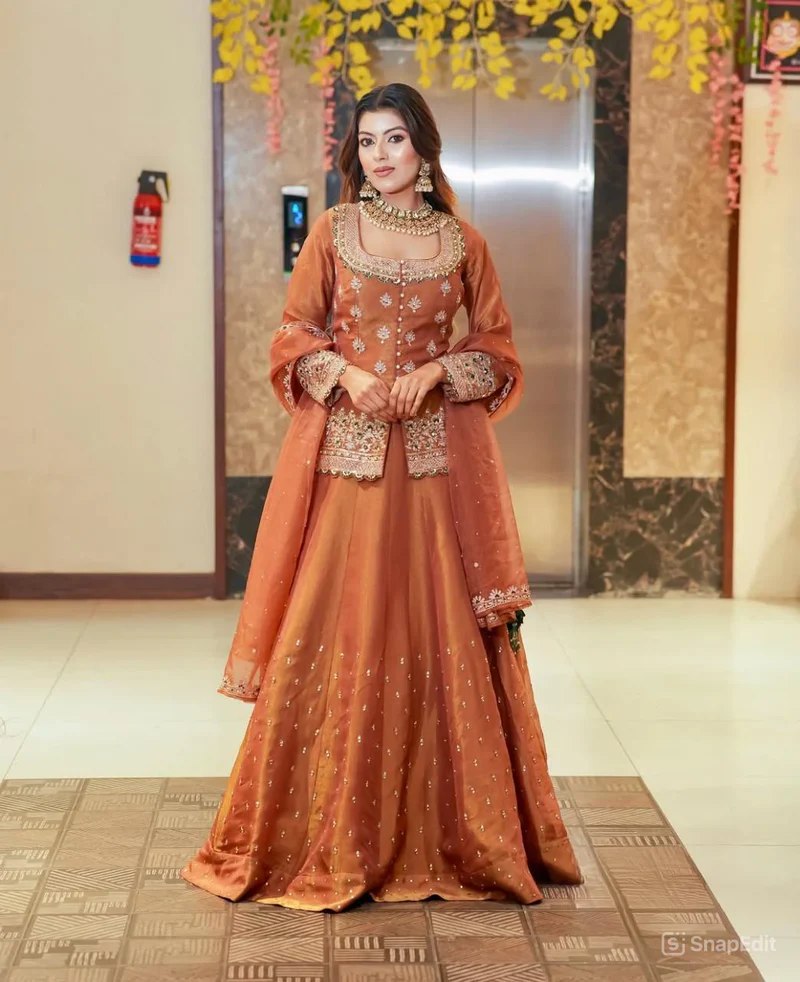 Women Rust Orange Embroidered Lehenga Choli Set with Dupatta
