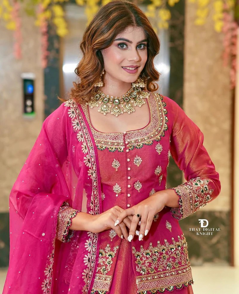Women Rani Pink Embroidered Lehenga Choli Set with Dupatta
