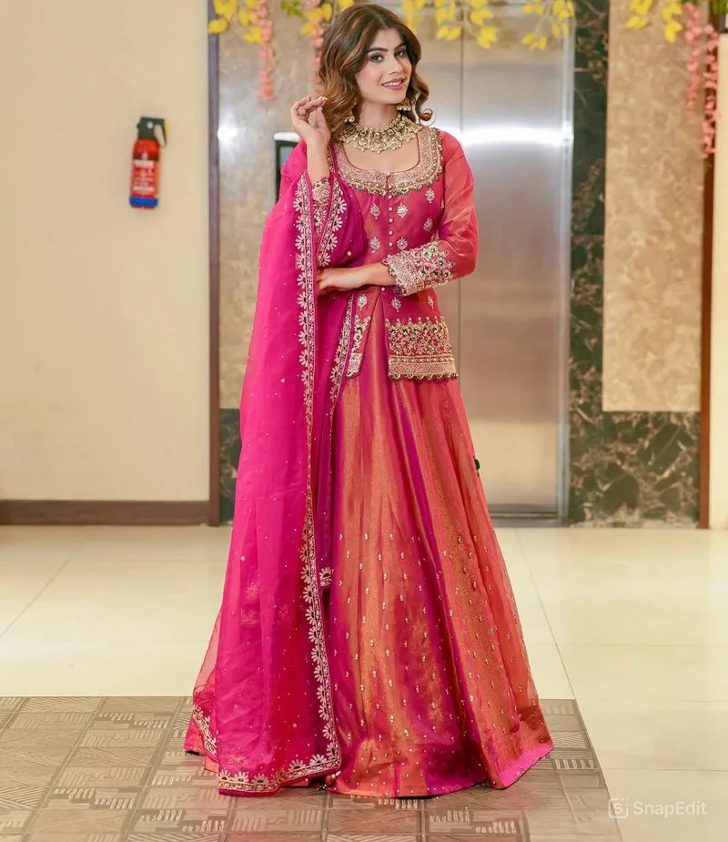 Women Rani Pink Embroidered Lehenga Choli Set with Dupatta