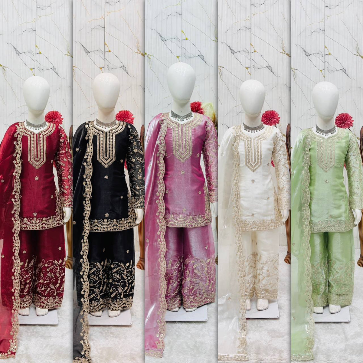 Girls Off White Embroidered Kurta Palazzo Set with Net Dupatta