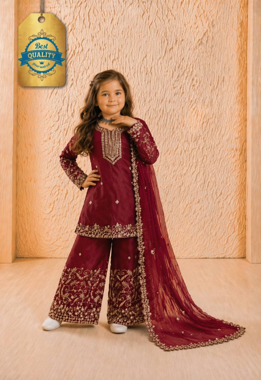 Girls Maroon Embroidered Kurta Palazzo Set with Dupatta