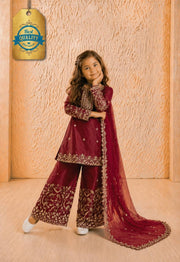 Girls Maroon Embroidered Kurta Palazzo Set with Dupatta