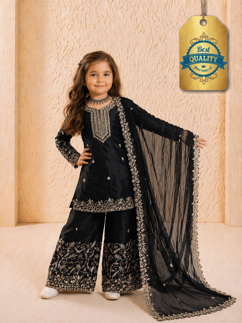 Girls Black Embroidered Kurta Palazzo Set with Dupatta