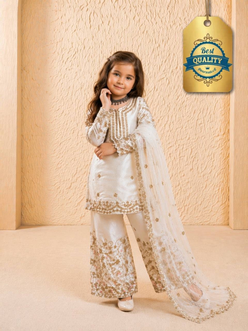 Girls Off White Embroidered Kurta Palazzo Set with Net Dupatta