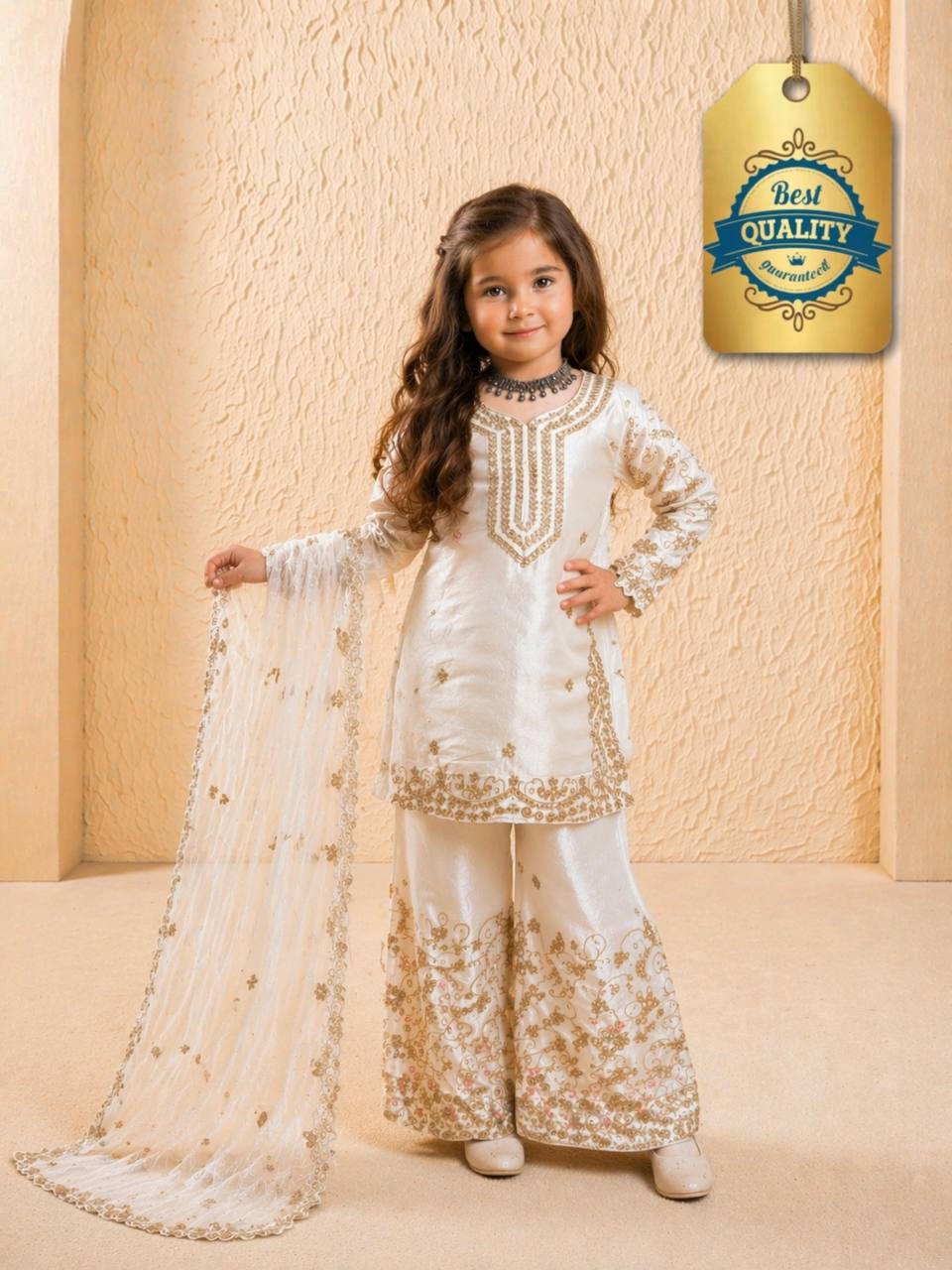 Girls Off White Embroidered Kurta Palazzo Set with Net Dupatta