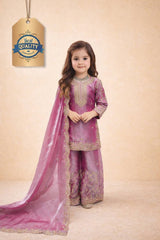 Girls Mauve Pink Embroidered Kurta Palazzo Set with Dupatta