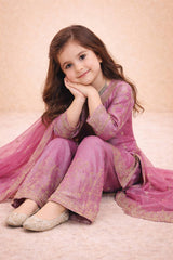 Girls Mauve Pink Embroidered Kurta Palazzo Set with Dupatta
