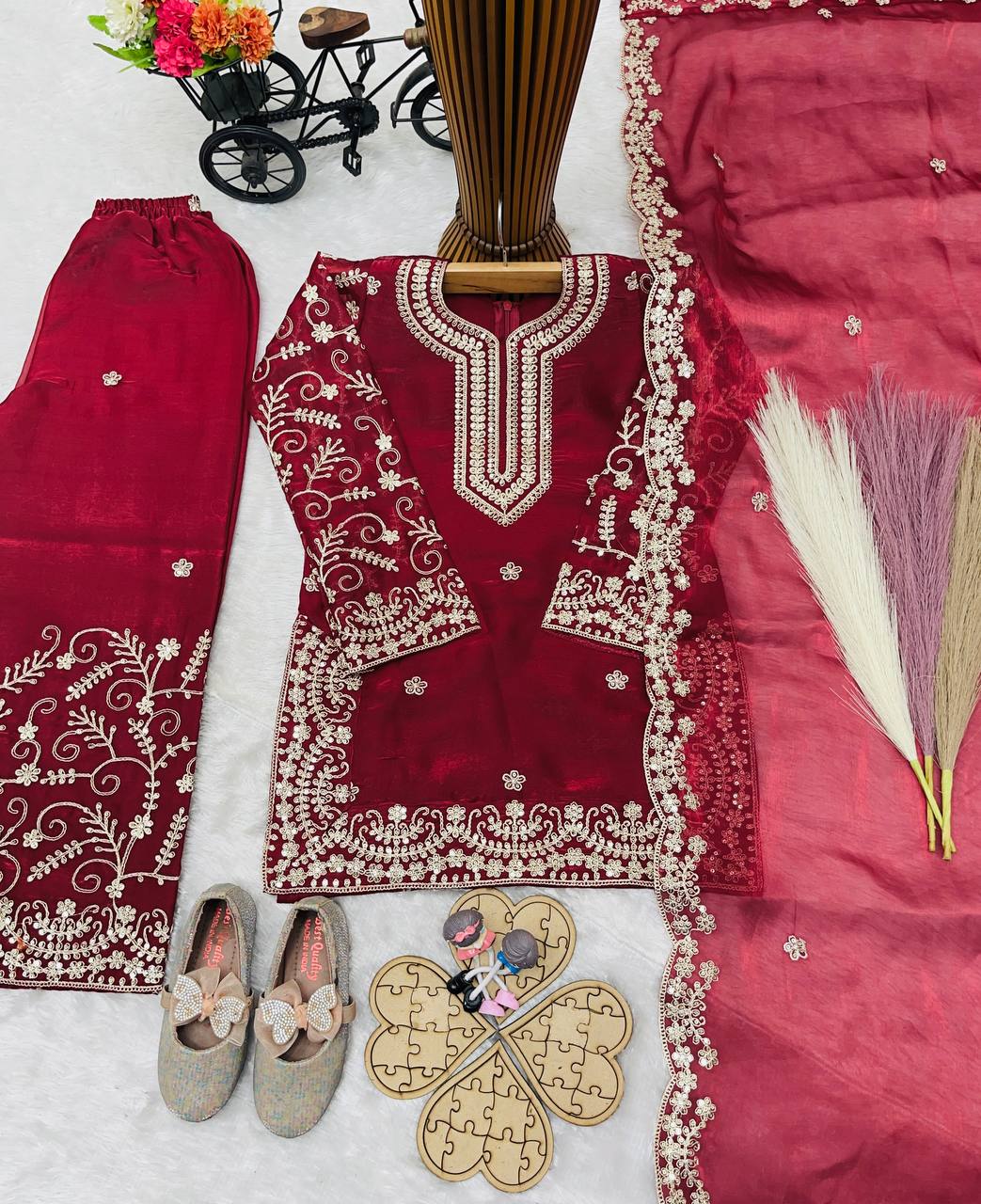 Girls Maroon Embroidered Kurta Palazzo Set with Dupatta