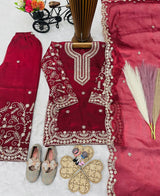 Girls Maroon Embroidered Kurta Palazzo Set with Dupatta