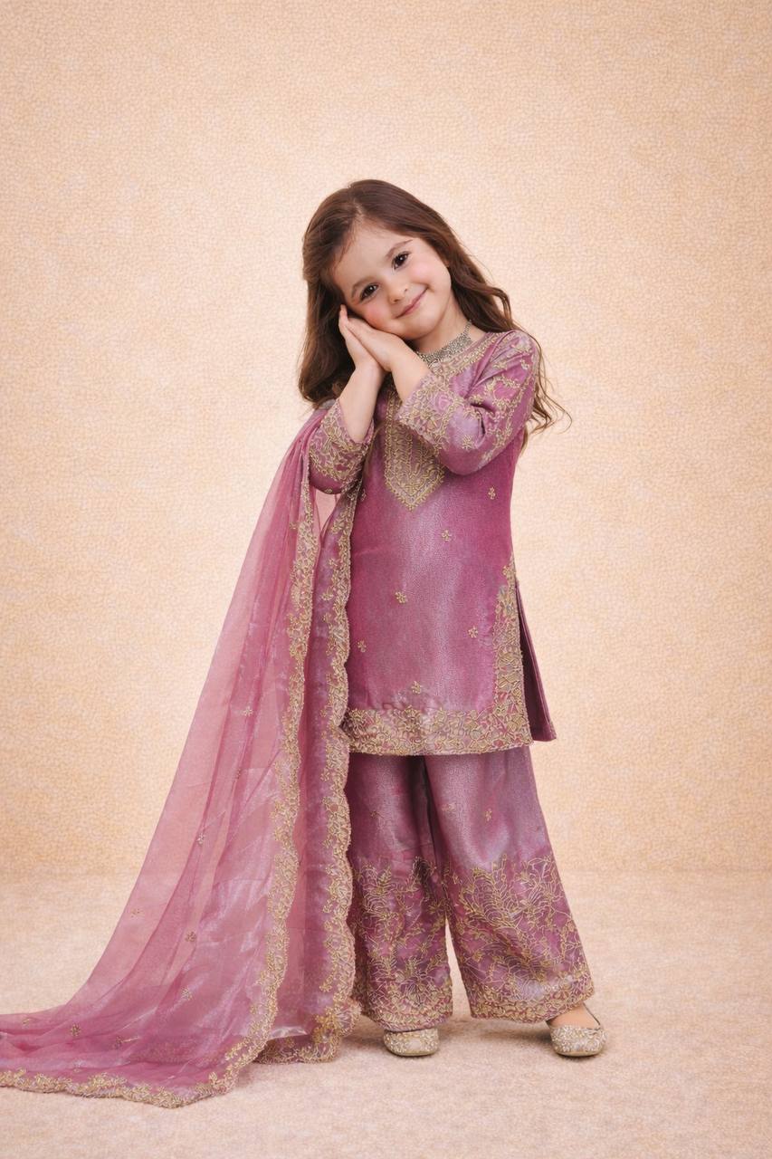 Girls Mauve Pink Embroidered Kurta Palazzo Set with Dupatta