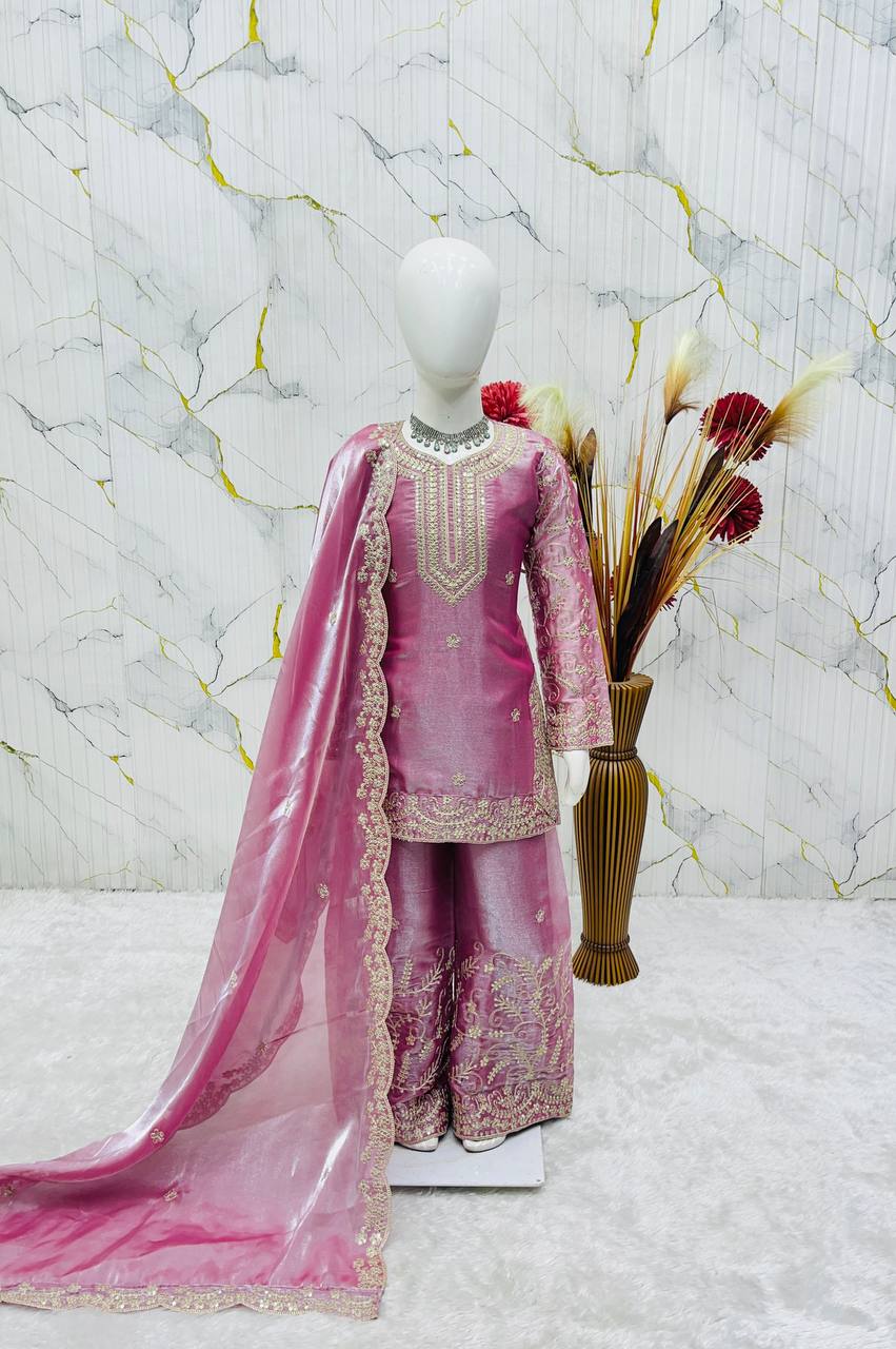 Girls Mauve Pink Embroidered Kurta Palazzo Set with Dupatta