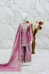 Girls Mauve Pink Embroidered Kurta Palazzo Set with Dupatta