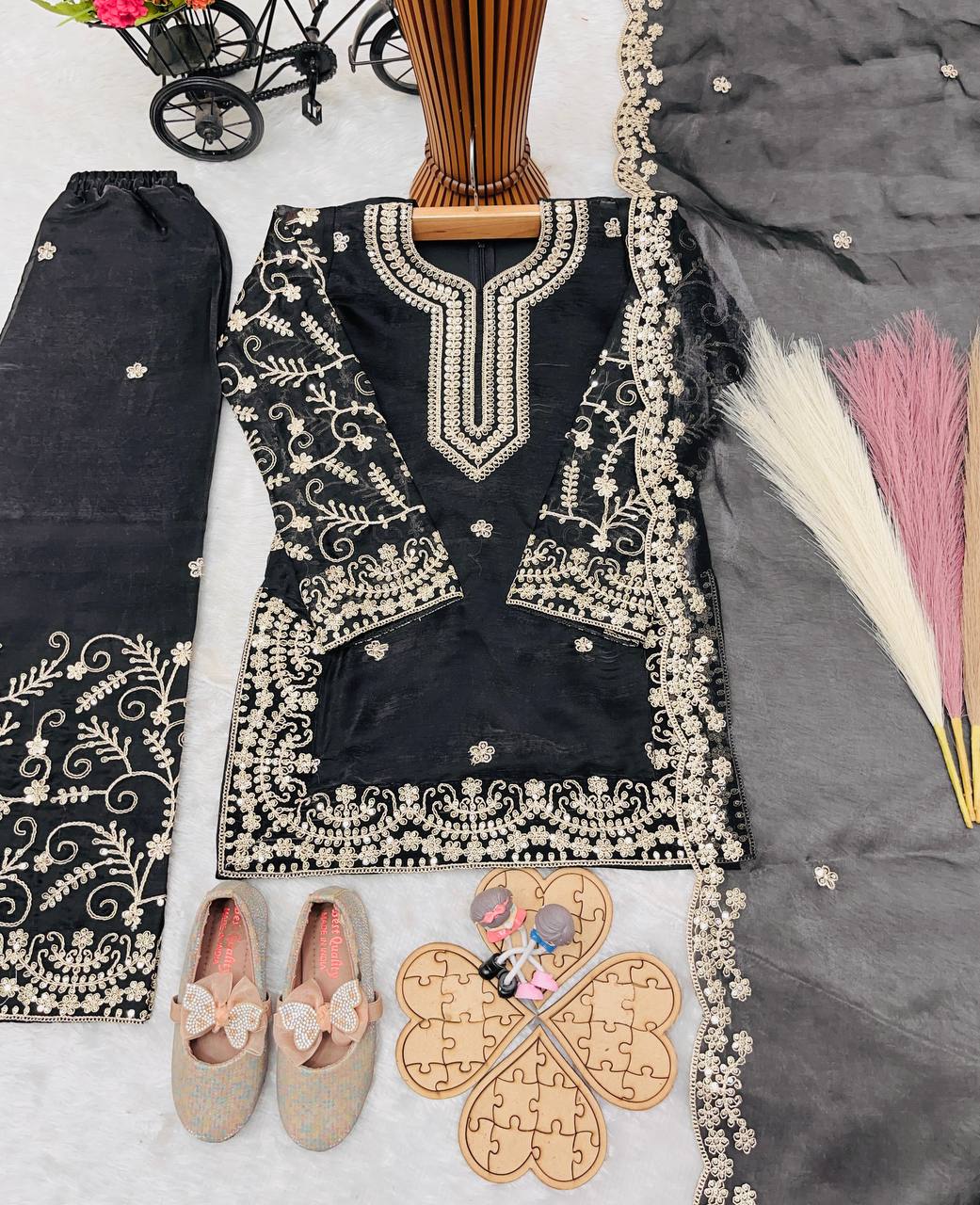 Girls Black Embroidered Kurta Palazzo Set with Dupatta