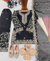 Girls Black Embroidered Kurta Palazzo Set with Dupatta