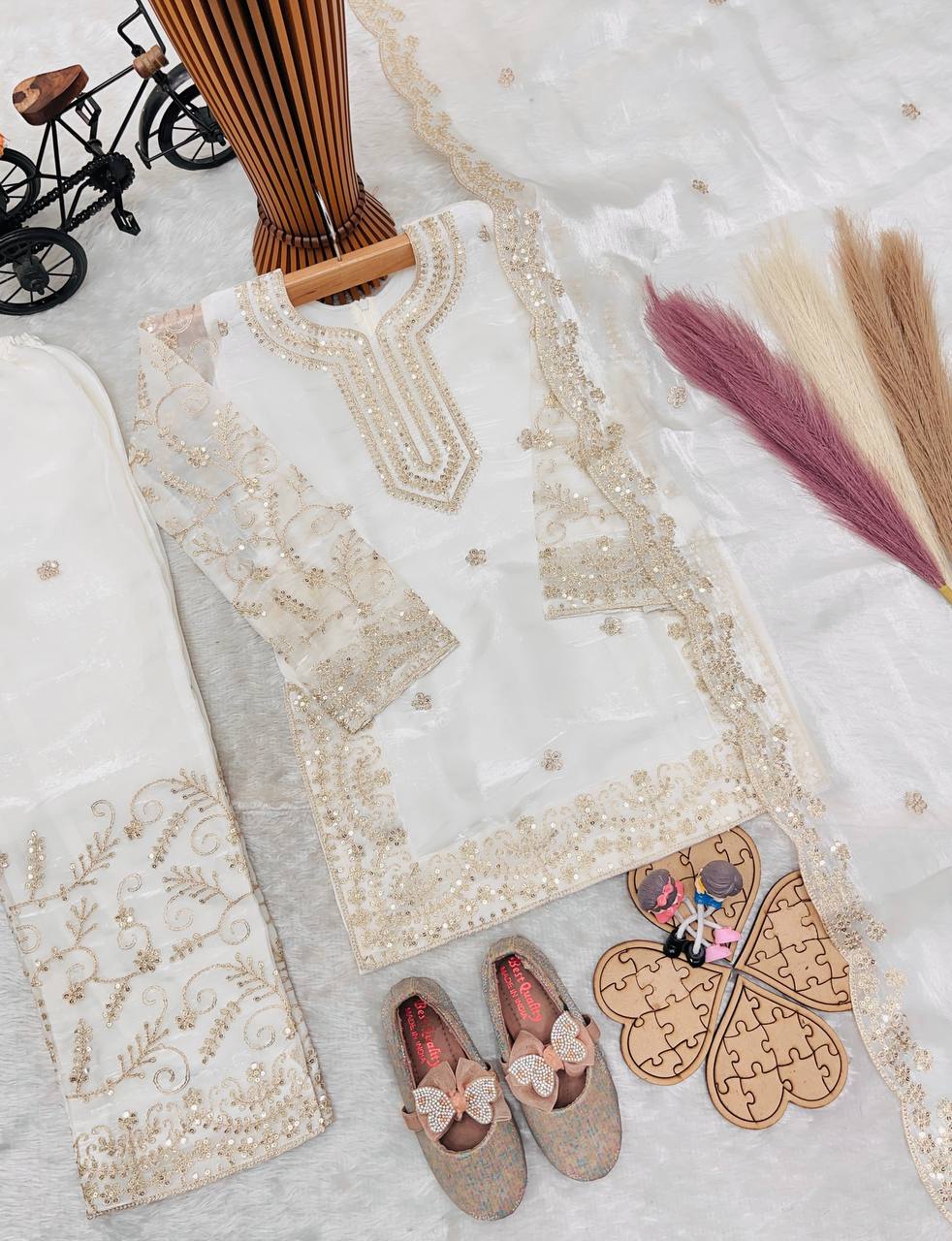 Girls Off White Embroidered Kurta Palazzo Set with Net Dupatta