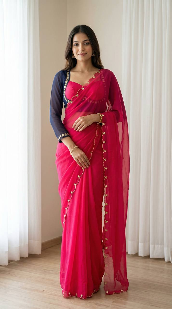 Sabyasachi inspired pink faux georgette saree with madhubala designer blouse mameraa