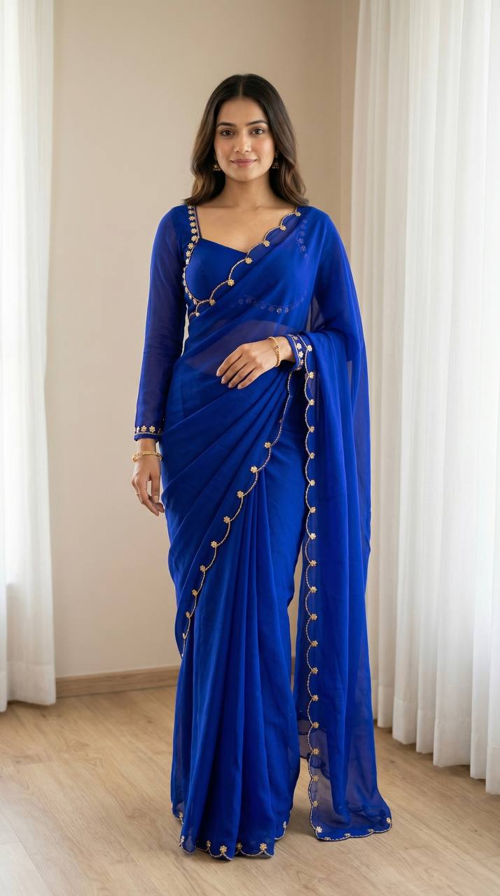 Sabyasachi inspired blue faux georgette saree with madhubala designer blouse mameraa