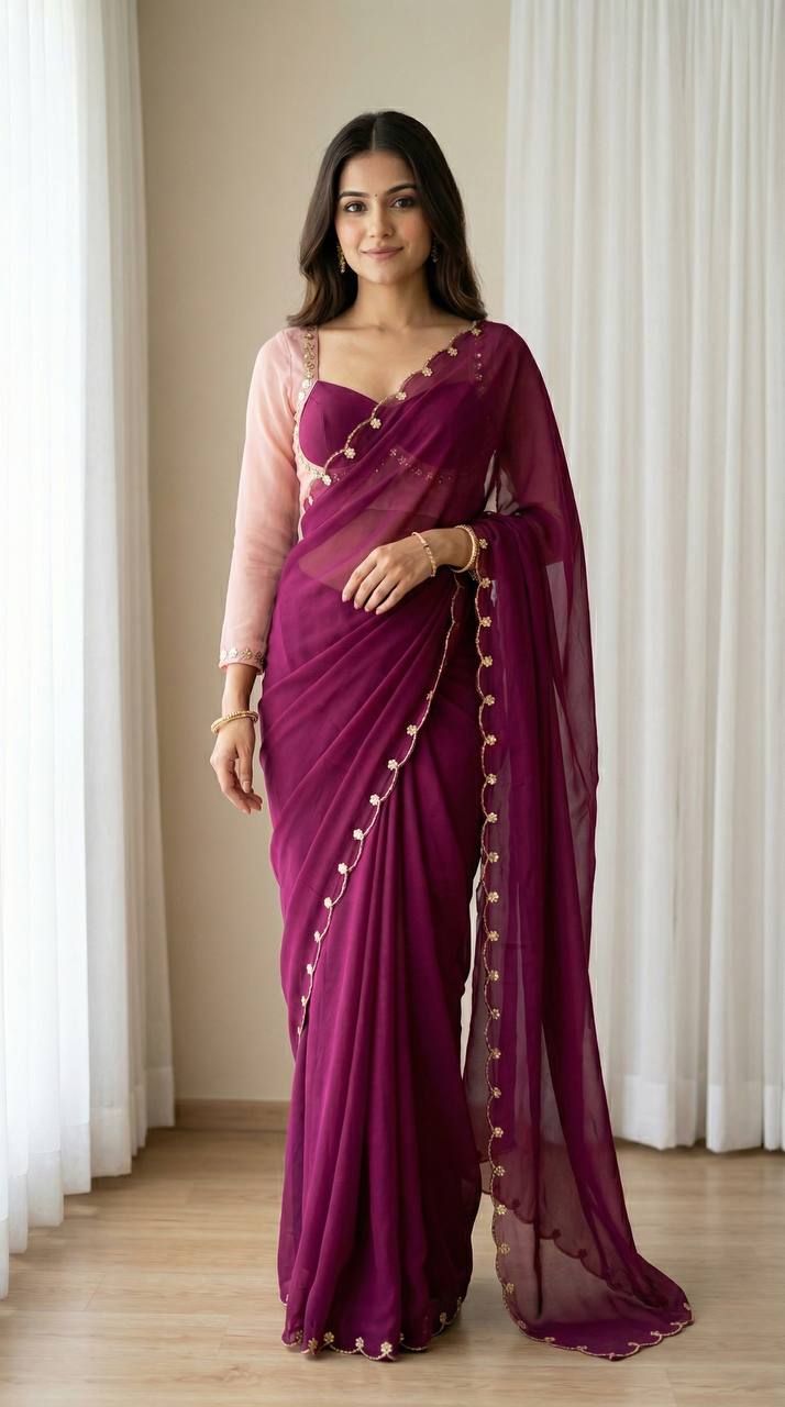 Sabyasachi inspired wine purple faux georgette saree with madhubala designer blouse mameraa