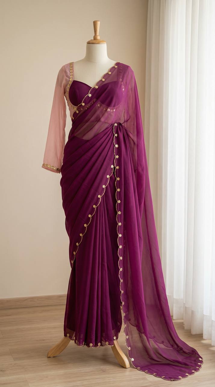 Sabyasachi inspired wine purple faux georgette saree with madhubala designer blouse
