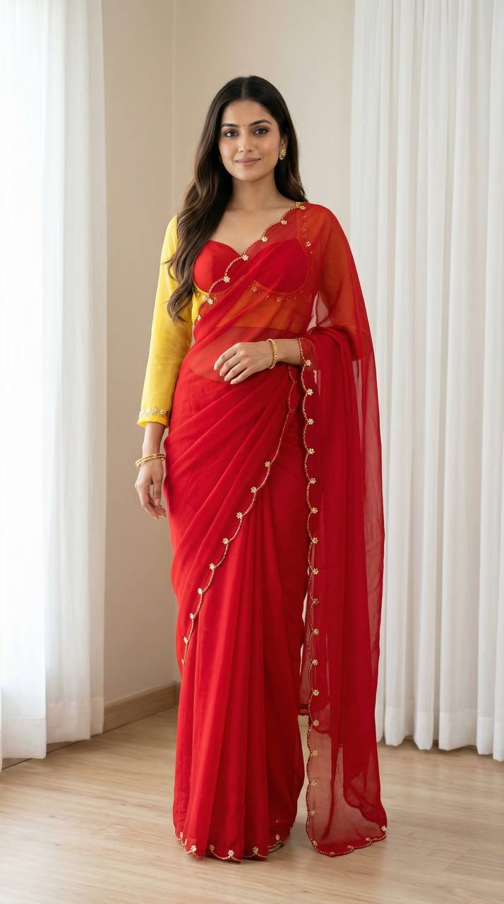 Sunshine yellow madhubala inspired designer blouse with red faux georgette saree