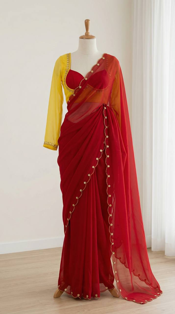 Sunshine yellow madhubala inspired designer blouse with red faux georgette saree