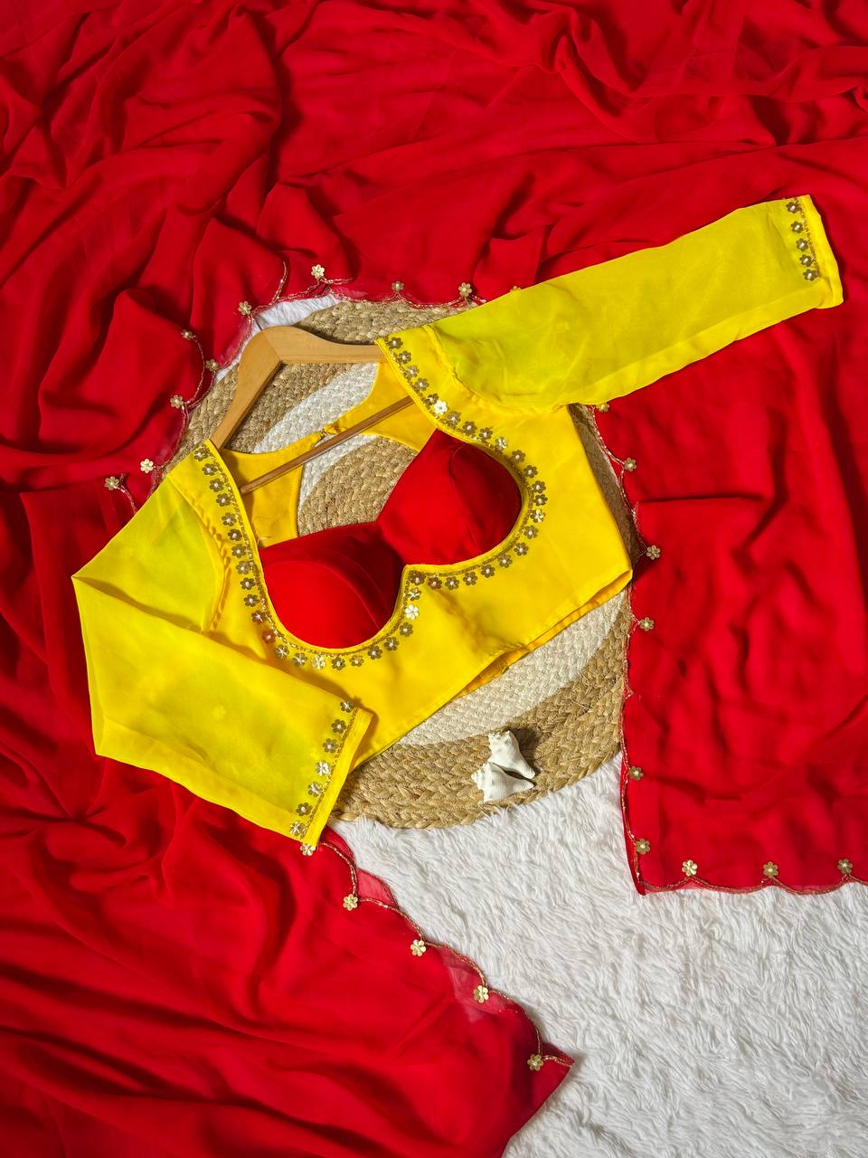 Sunshine yellow madhubala inspired designer blouse with red faux georgette saree