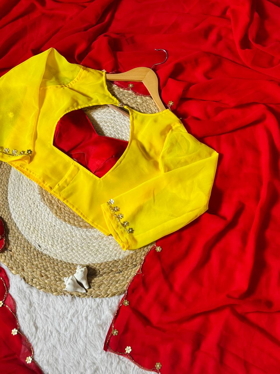 Sunshine yellow madhubala inspired designer blouse with red faux georgette saree
