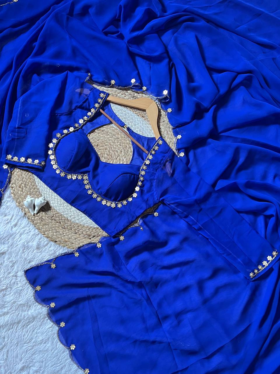 Sabyasachi inspired blue faux georgette saree with madhubala designer blouse