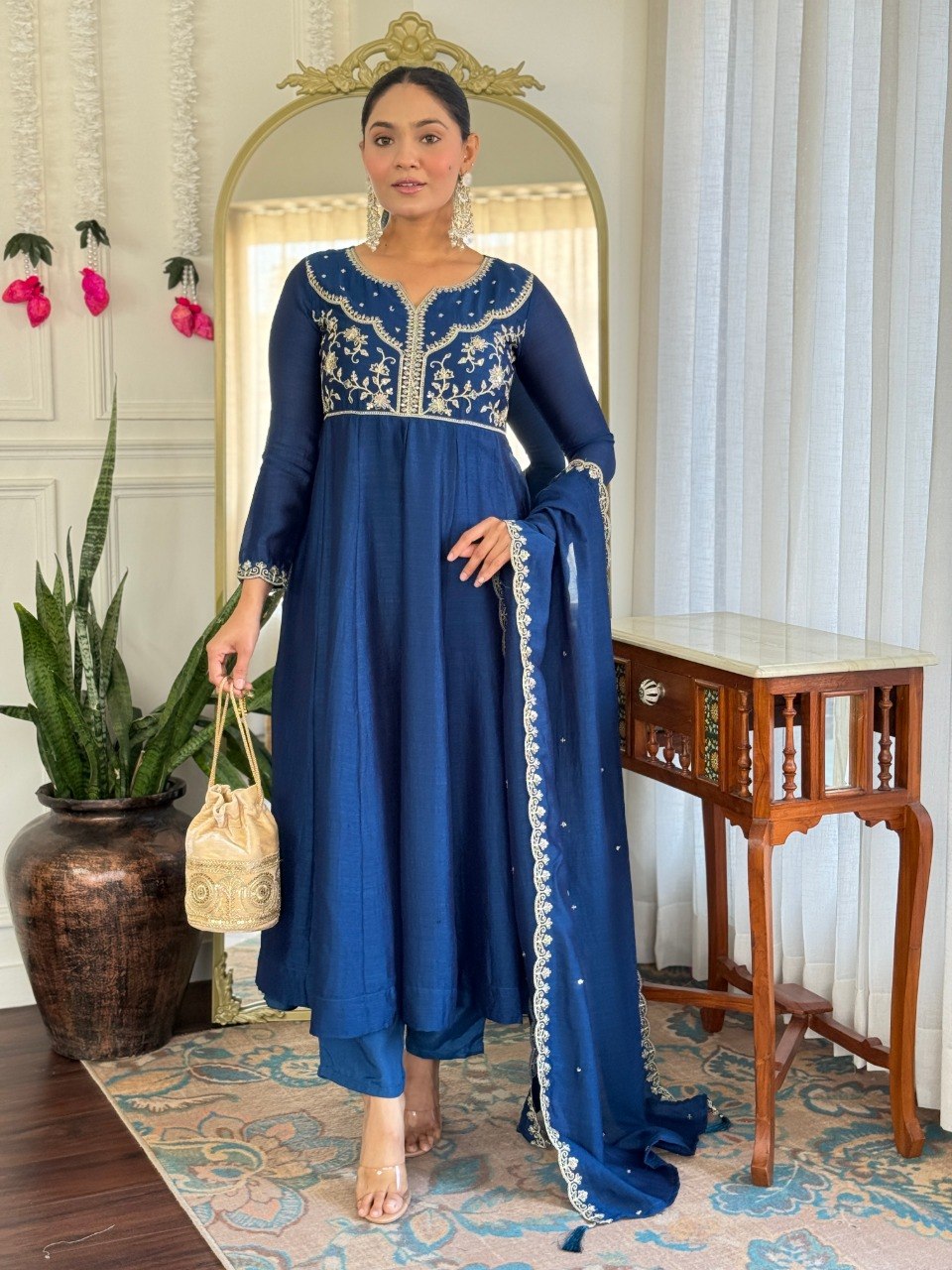 Women Navy Blue Embroidered Anarkali Kurta Set with Dupatta