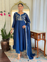 Women Navy Blue Embroidered Anarkali Kurta Set with Dupatta