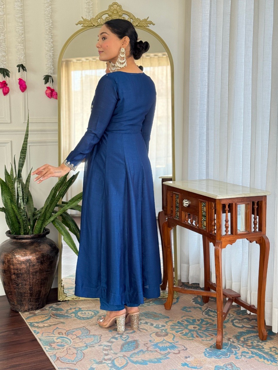 Women Navy Blue Embroidered Anarkali Kurta Set with Dupatta