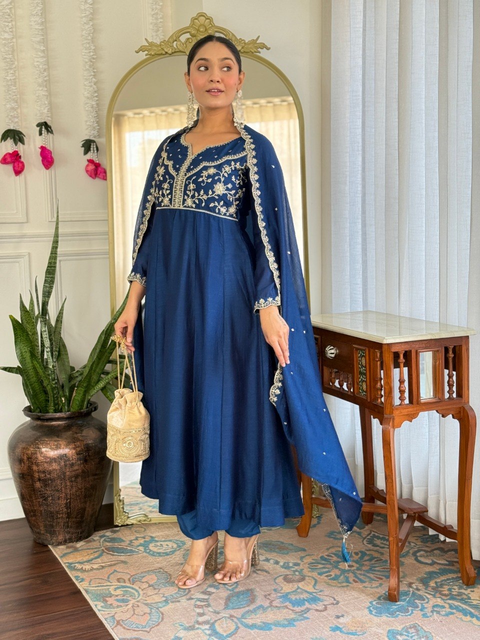 Women Navy Blue Embroidered Anarkali Kurta Set with Dupatta