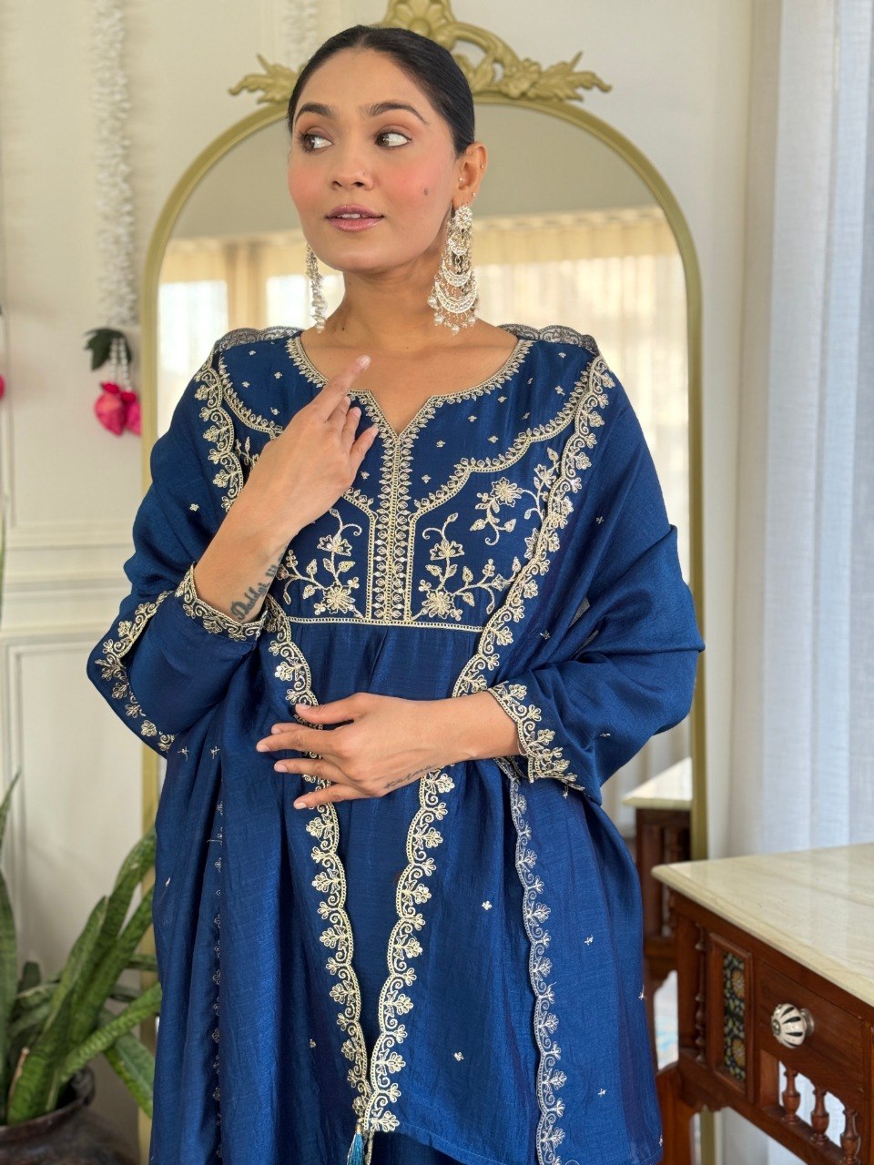 Women Navy Blue Embroidered Anarkali Kurta Set with Dupatta
