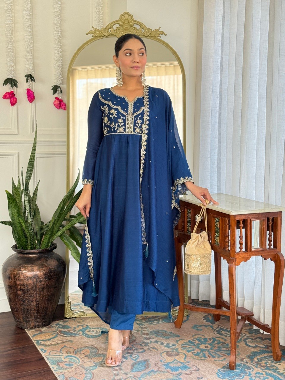 Women Navy Blue Embroidered Anarkali Kurta Set with Dupatta