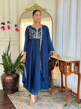 Women Navy Blue Embroidered Anarkali Kurta Set with Dupatta