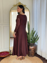Women Dark Maroon Embroidered Anarkali Kurta Set with Dupatta