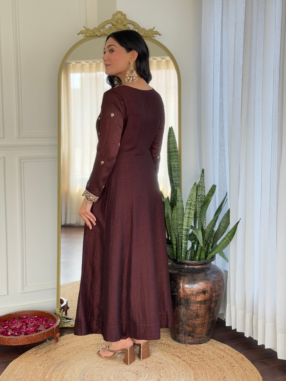 Women Dark Maroon Embroidered Anarkali Kurta Set with Dupatta