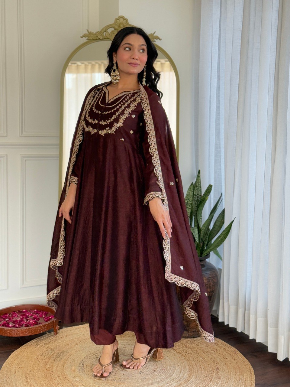 Women Dark Maroon Embroidered Anarkali Kurta Set with Dupatta