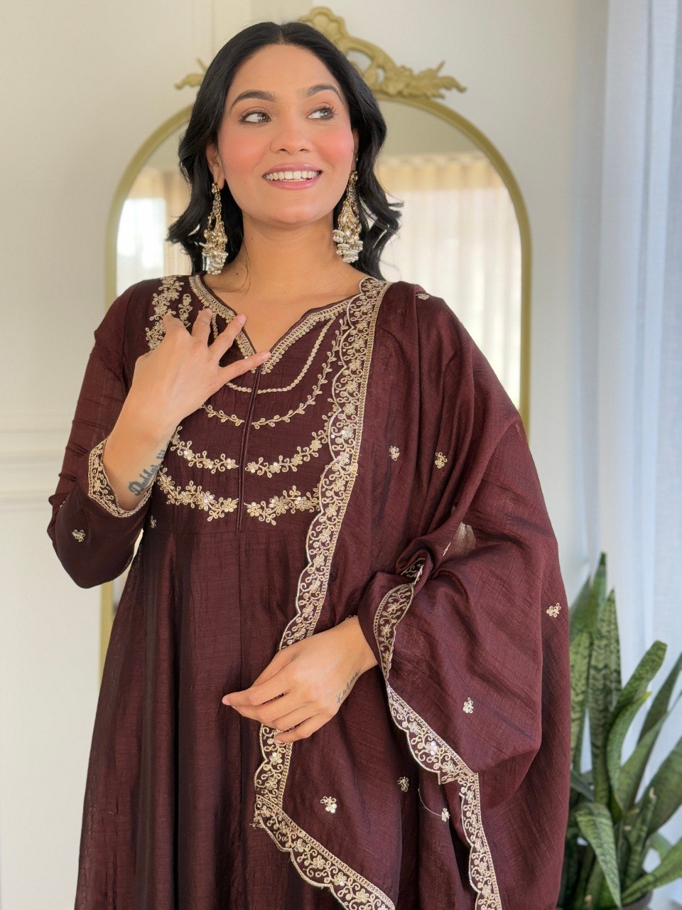 Women Dark Maroon Embroidered Anarkali Kurta Set with Dupatta