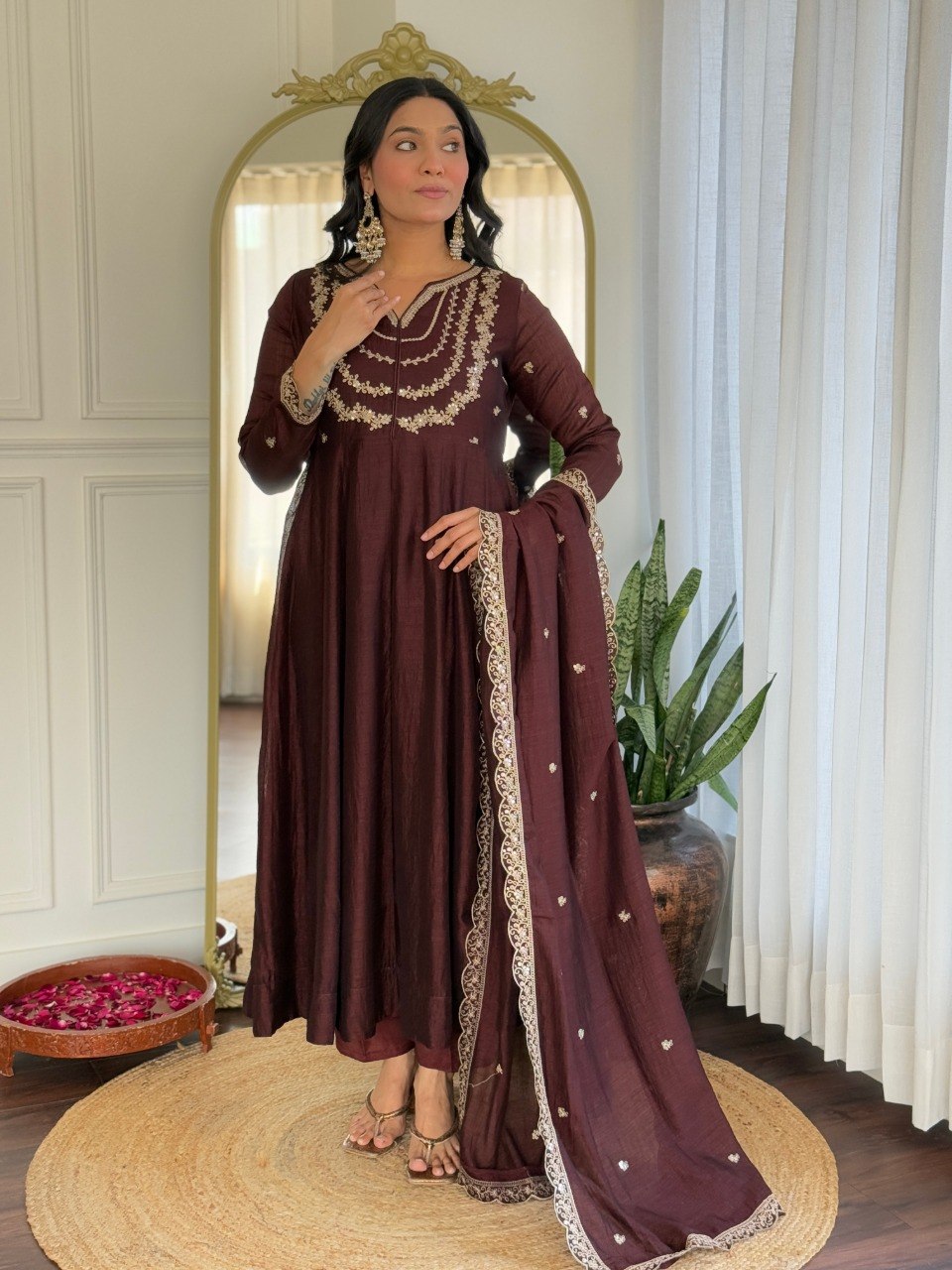 Women Dark Maroon Embroidered Anarkali Kurta Set with Dupatta