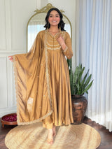Women Mustard Gold Embroidered Anarkali Kurta Set with Dupatta